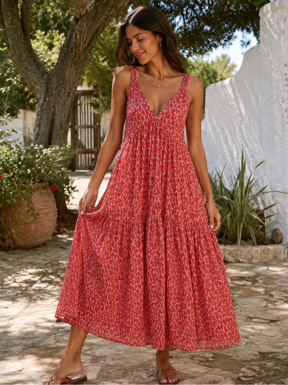 Joie Red Printed V-Neck Tiered Sleeveless Maxi Dress